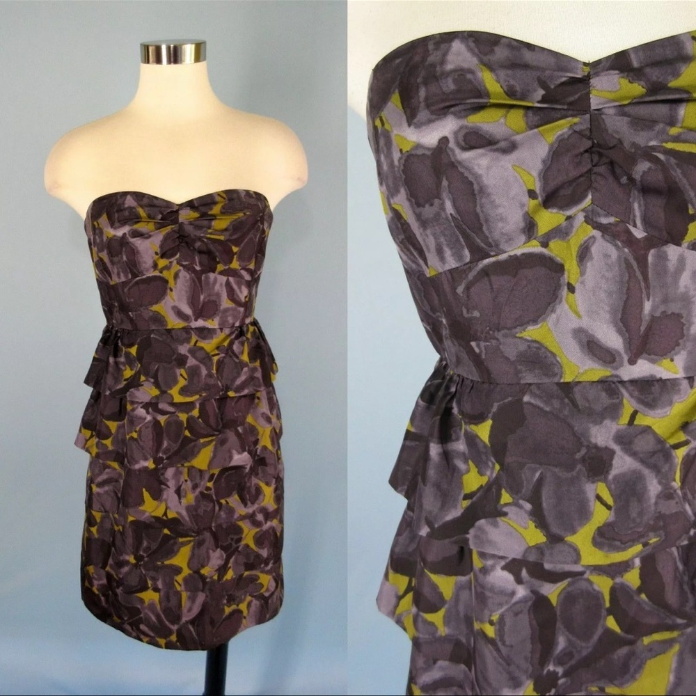 J. Crew Grey Tiered Ruffle Floral 100% Silk Strapless Dress Size 4 Small S